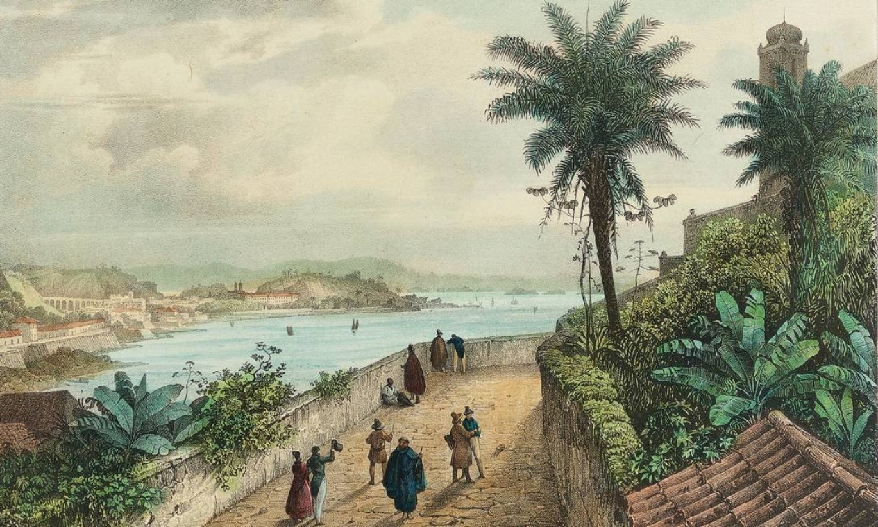 Pintura do Rio de Janeiro antigo: mar e morros ao fundo. No primeiro plano pessoas caminhando.