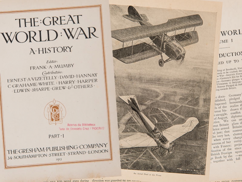 páginas do miolo do livro "The great World war" com figura de dois aviões caça da primeira guerra mundial